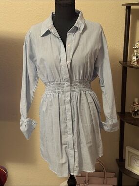 Light Blue Pinstripe Shirt Dress with Smocked Waist